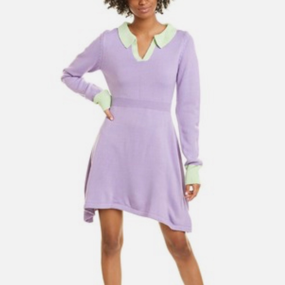 Olivia Rubin Miranda Mini Lavender Knit Dress with Green Accents